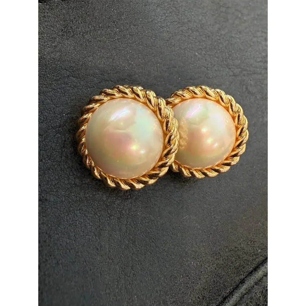 Christian Dior Vintage Faux Pearl Gold Tone Rope Clip On Earrings Signed